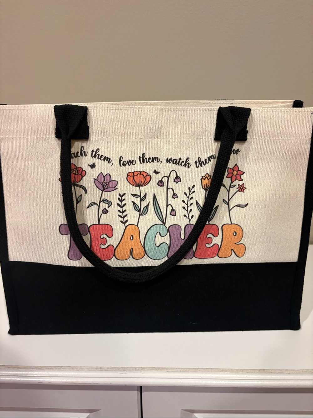 Teacher Canvas Tote Bag in Cream and Black